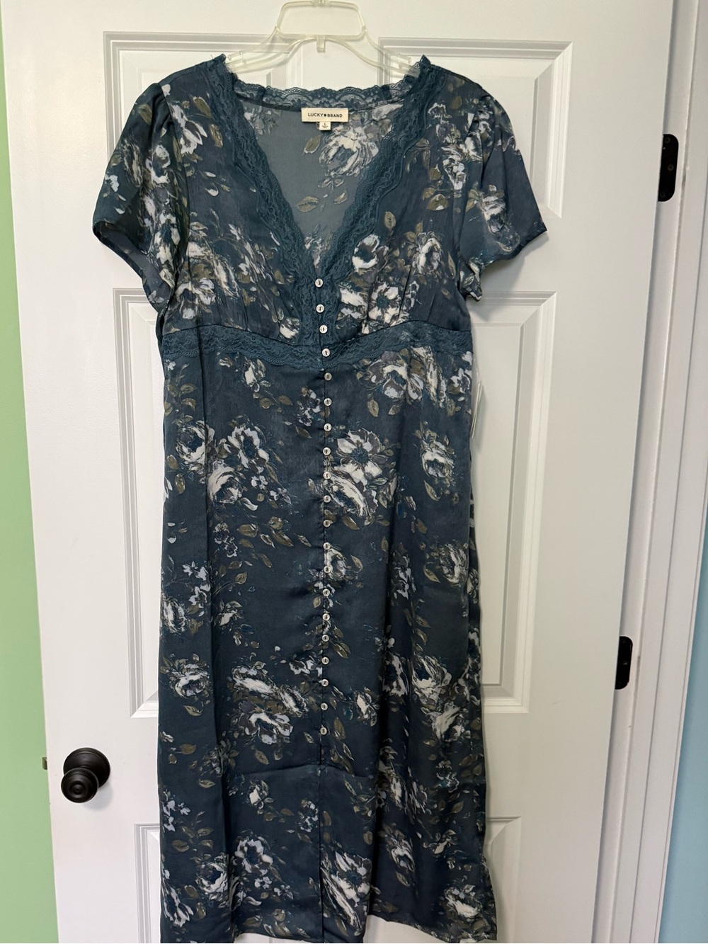 Lucky Brand Floral Lace-Trim Button-Front Dress in Blue/Teal